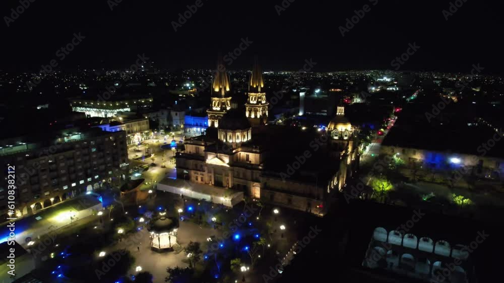 Guadalajara Night Aerial Orbit of Catedral de Guadlajara and Skyline Guadalajara Night Aerial Orbit of Catedral de Guadlajara and Skyline
