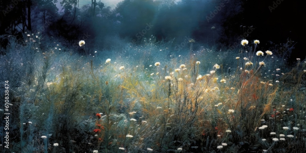 twilight-lit meadow, wilting flowers paint a scene of fading beauty  Generative AI Digital Illustration Part#060623 