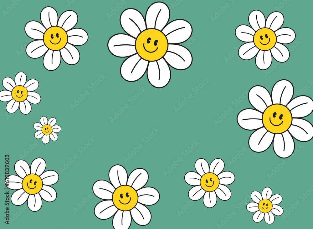 seamless pattern with daisy flowers  Childish characters print with happy emotions