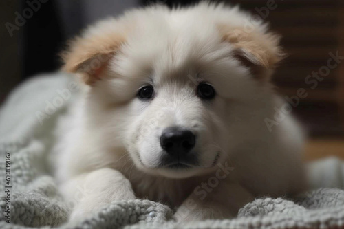 small white puppy laying on a blanket 