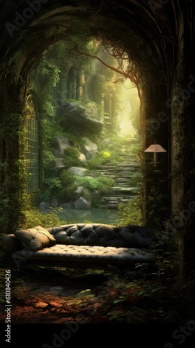 Surreal Cozy Nook in Nature's Embrace  Generative AI Digital Illustration Part 060623  © Cool Patterns