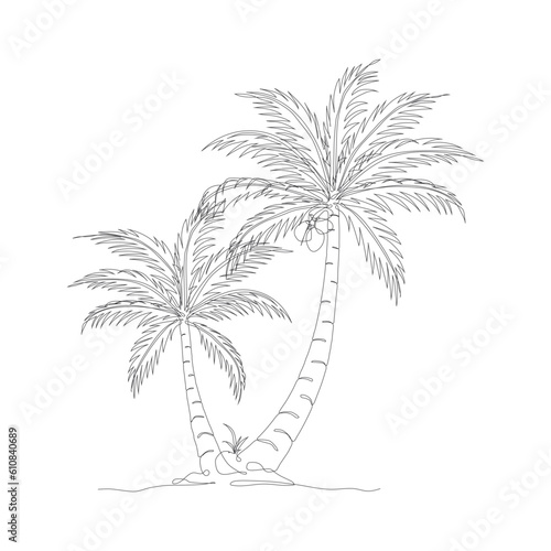 Coconut tree line art drawing. Single continuous line drawing of coconut palm tree. Decorative coconut palm tree concept. Coconut tree modern one line drawing vector illustration. Vector illustration