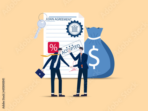 Loan agreement borrow money from bank, mortgage, debt or obligation to pay back interest rate, personal loan or financial support concept, businessman shaking hand with loan agreement. Vector.