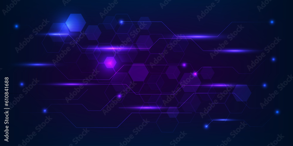Obraz premium Vector illustrations of futuristic display for horizontal layout showcase with optic hexagon network and digital element grid line circuit decor.Future digital innonvation and technolog concept.
