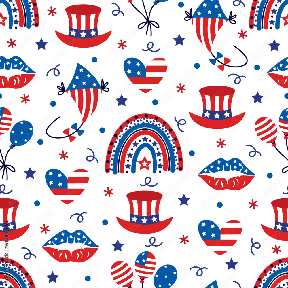 America Independence Day seamless vector pattern. Symbol of the national summer holiday - USA flag kite, rainbow, balloons, top hat, kiss of liberty. Patriotic event July 4th. Flat cartoon background America Independence Day seamless vector pattern. Symbol of the national summer holiday - USA flag kite, rainbow, balloons, top hat, kiss of liberty. Patriotic event July 4th. Flat cartoon background