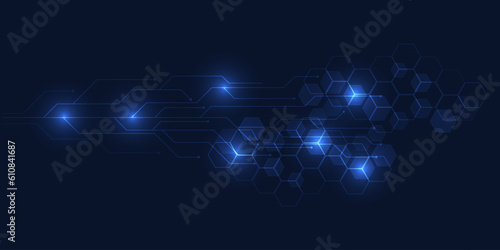 Abstract futuristic digital high technology background with hexagonal network and glowing point.
