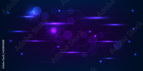 Vector illustrations of futuristic display for horizontal layout showcase with optic hexagon network and digital element grid line circuit decor.Future digital innonvation and technolog concept.