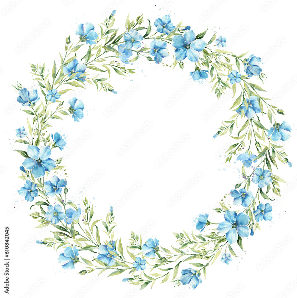 Watercolor is a wreath of flax flowers. Wedding template. Boho watercolor wreath.