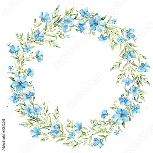Watercolor is a wreath of flax flowers. Wedding template. Boho watercolor wreath. © Марина Радышевская