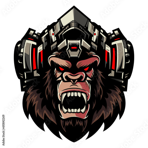 Mecha gorilla cyborg vector illustration. Cyberpunk gorilla cyborg. Futuristic ape mecha. Monkey robot. Futuristic kong design for t-shirt, sticker, tattoo, poster, streetwear.