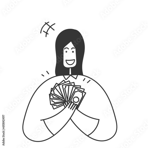 hand drawn doodle cheerful young woman holding money banknotes illustration