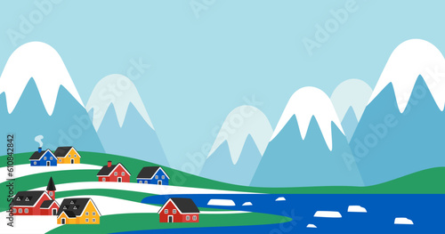 Colorful houses and snow mountain landscape