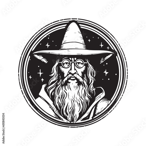 portrait of a wizard, vintage logo line art concept black and white color, hand drawn illustration