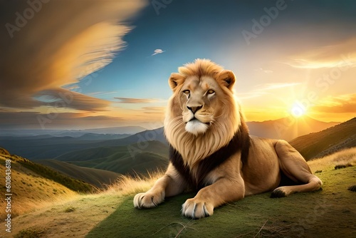 Create an image of a majestic lion with a vibrant sunset as the background