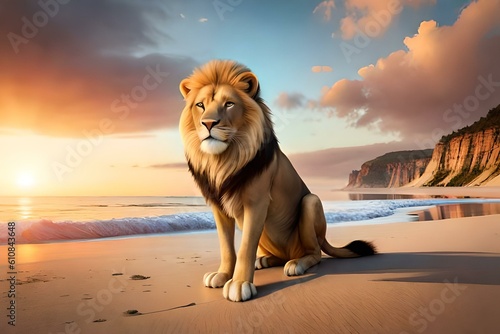 Create an image of a majestic lion with a vibrant sunset as the background