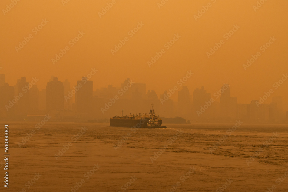 Foto de Barge Boat on the East River in New York City with Massive Air Pollution from Wildfires