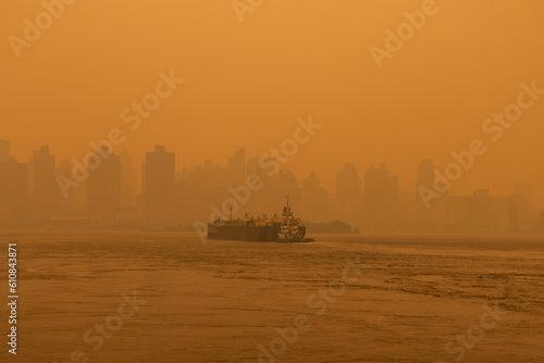 Barge Boat on the East River in New York City with Massive Air Pollution from Wildfires