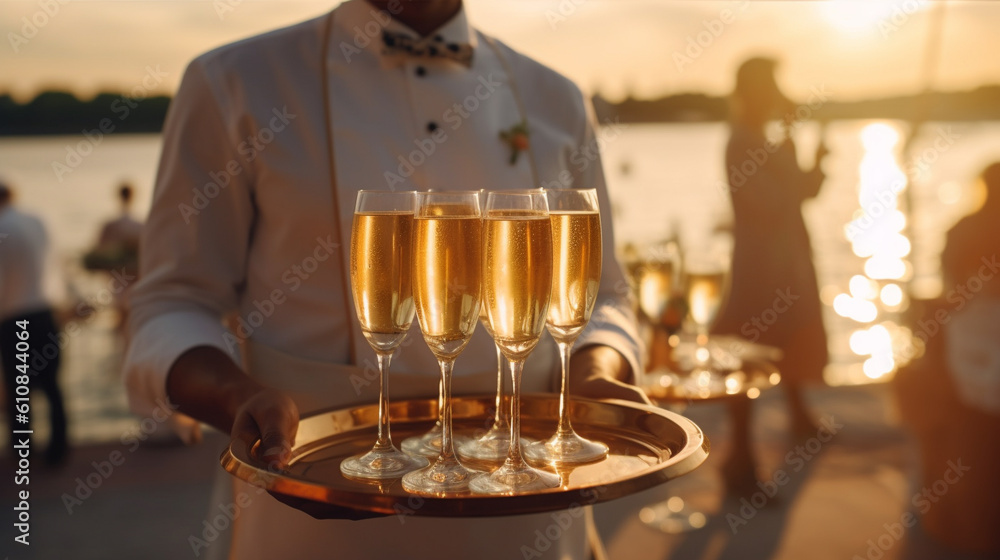 Indistinguishable Male Waiter Serving Champagne on Summer Beach, Generative AI Indistinguishable Male Waiter Serving Champagne on Summer Beach, Generative AI