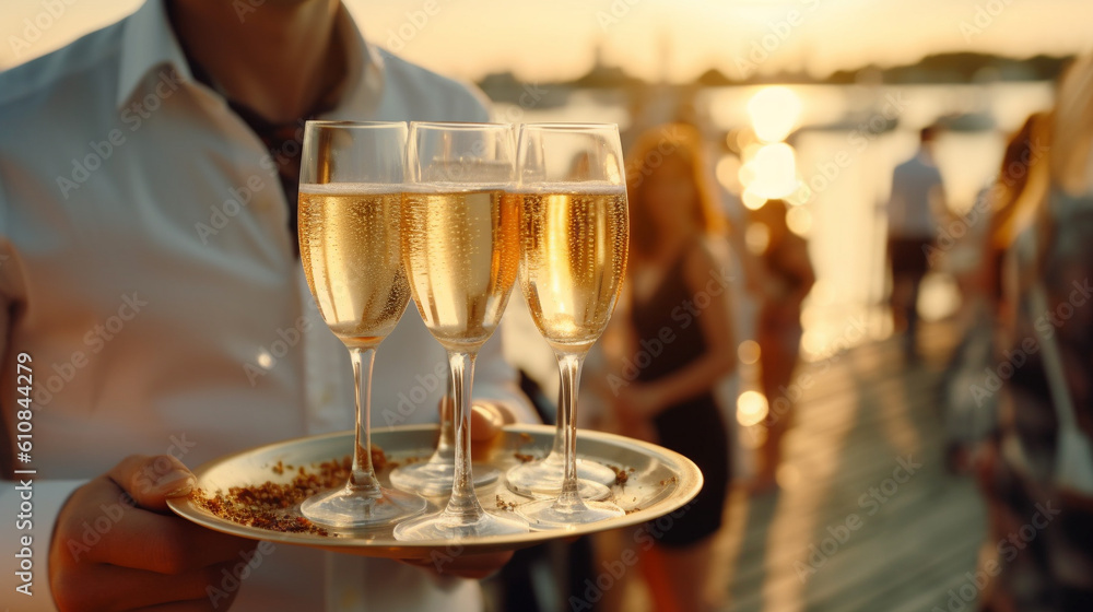 Indistinguishable Male Waiter Serving Champagne on Summer Beach, Generative AI