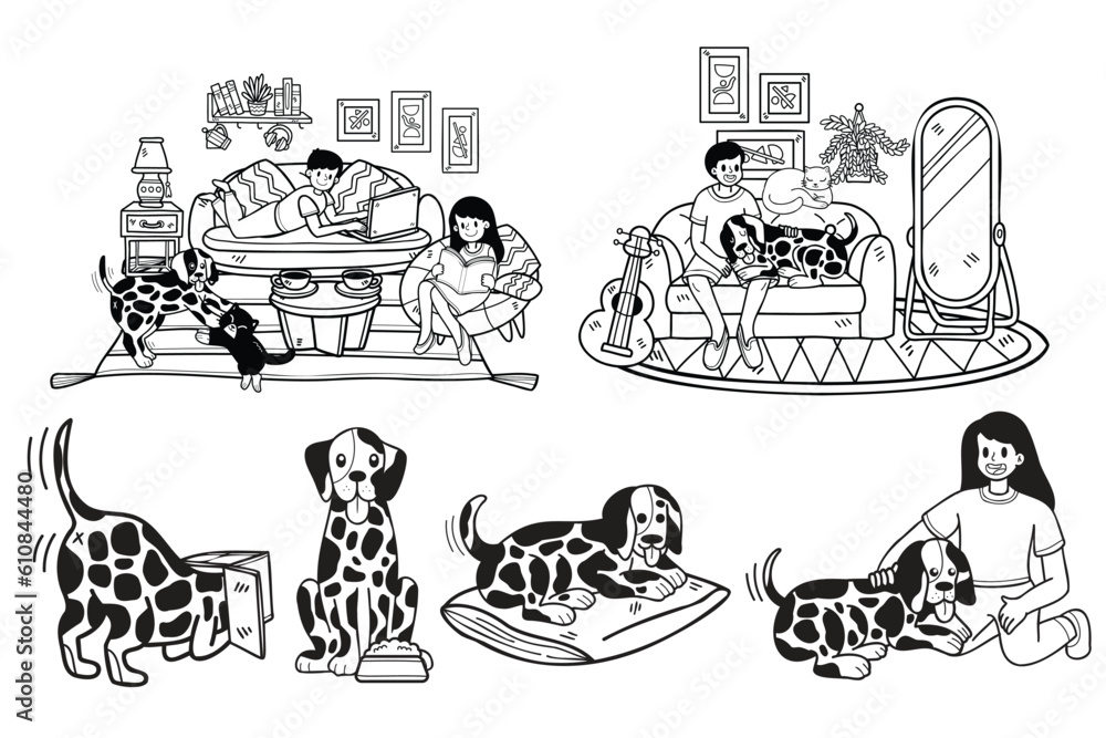 Hand Drawn dalmatian dog and family collection in flat style illustration for business ideas Hand Drawn dalmatian dog and family collection in flat style illustration for business ideas