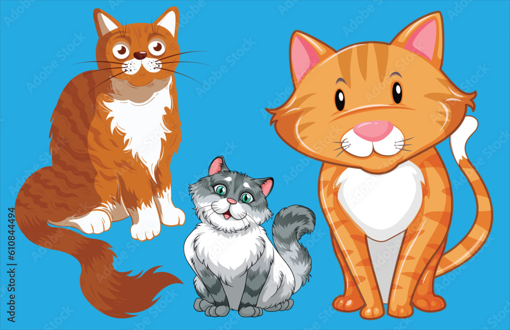 Cute cat cartoon set. Vector illustration for design. Pro Vector Set of cute cats of different breeds in flat cartoon style