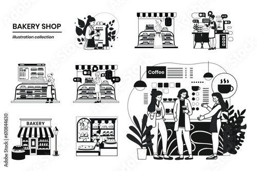 Hand Drawn Coffee shop with female barista collection in flat style illustration for business ideas