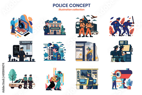 Hand Drawn policeman collection in flat style illustration for business ideas