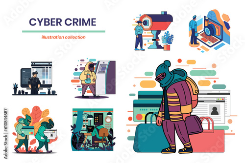 Hand Drawn Cyber threats and hackers collection in flat style illustration for business ideas