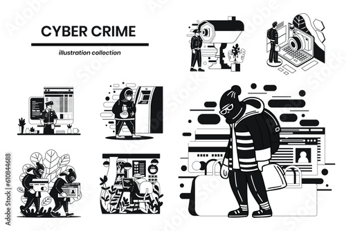 Hand Drawn Cyber threats and hackers collection in flat style illustration for business ideas