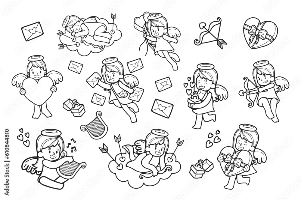 Hand Drawn Cupid collection in flat style illustration for business ideas Hand Drawn Cupid collection in flat style illustration for business ideas