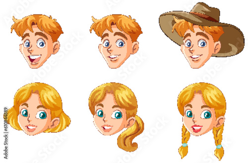 Set of people head wearing cowboy hat