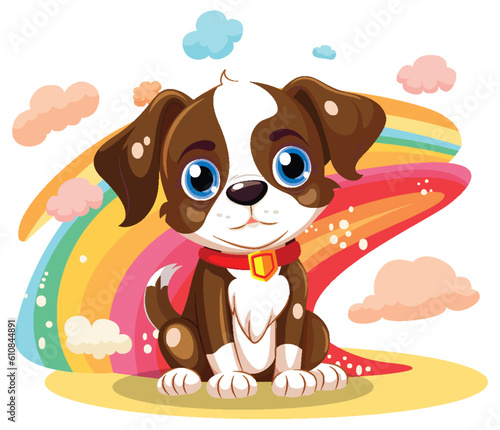 Cute dog cartoon character with rainbow isolated