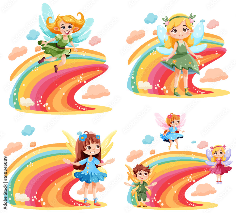 Cute fantasy fairy cartoon character with colourful rainbow