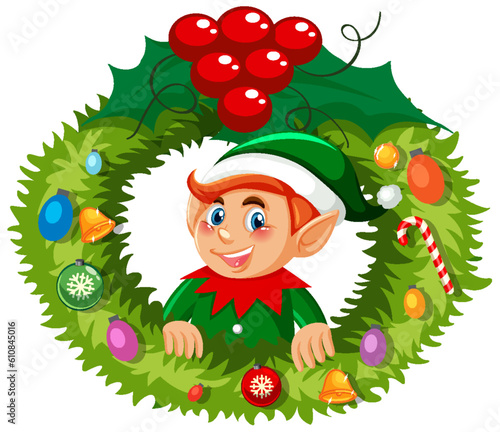 Elf Christmas wreath in cartoon style