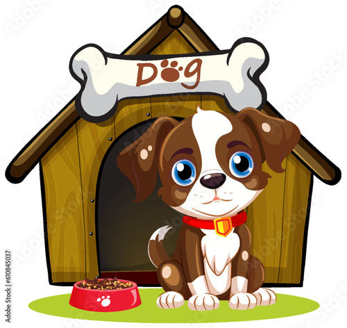 Dog in front of dog house