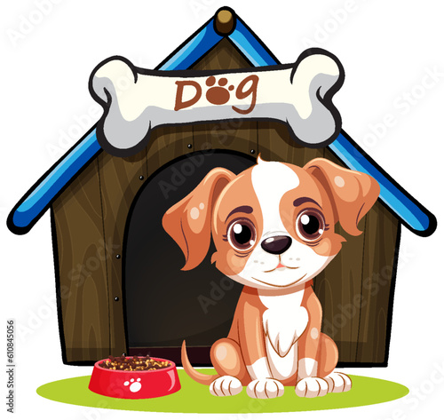 Dog in front of dog house