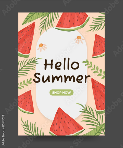 Hello summer poster with tropical leaves, fruit and flowers. Summer poster illustration