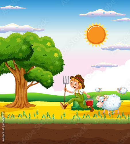 Rustic Farm Landscape with a Boy and His Sheep