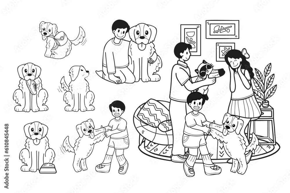 Hand Drawn golden retriever dog and family collection in flat style illustration for business ideas Hand Drawn golden retriever dog and family collection in flat style illustration for business ideas