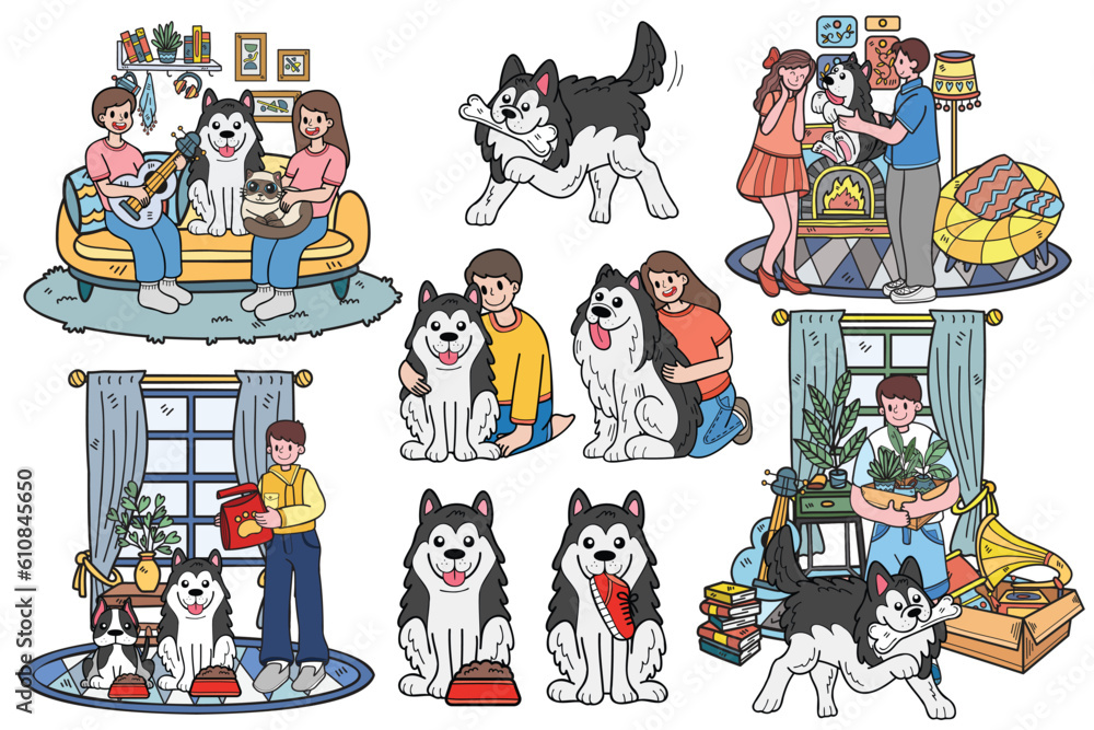 Fototapeta premium Hand Drawn dog and family collection in flat style illustration for business ideas