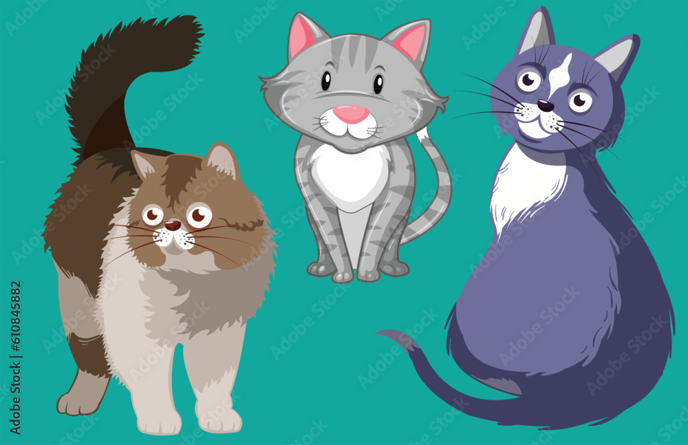 Cute cat cartoon set. Vector illustration for design. Pro Vector Set of cute cats of different breeds in flat cartoon style