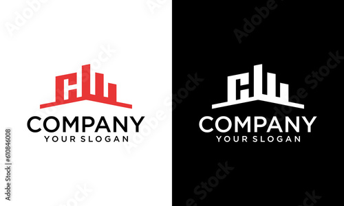 CW initial monogram logo for real estate with building style