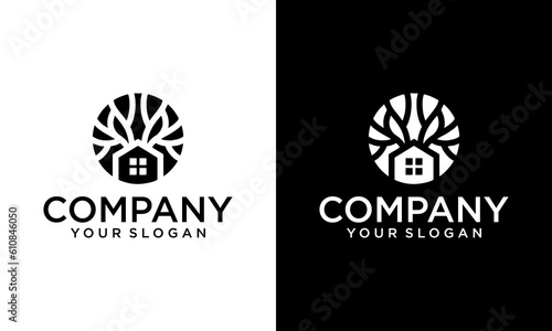 nature green house logo design line art style vector symbol icon design with leaf circle home concept, Eco friendly home logo design