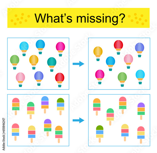 Puzzle game for kids. Task for the development of attention and logic. Find the missing air balloon and fruit ice.