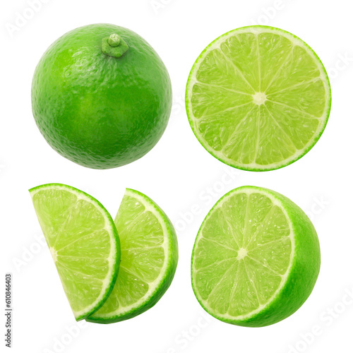 Lime or green lemon with slice collection isolated on white background.