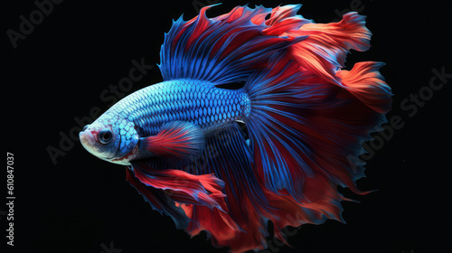 Blue red betta fish on black isolated background with Ai Generated