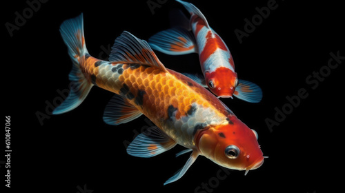 Beautiful two koi fish on black isolated background with Ai Generated