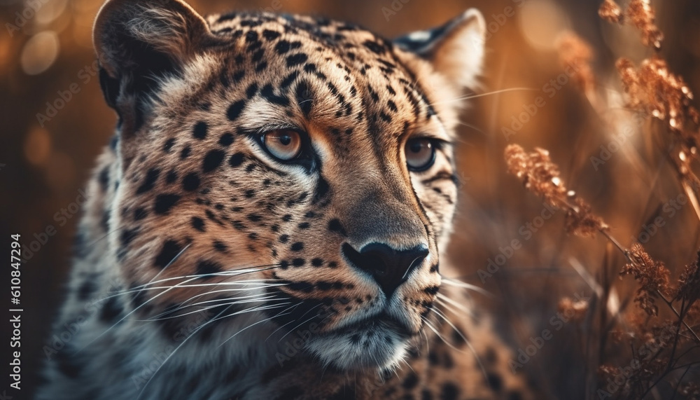 Fototapeta premium Spotted cheetah staring, beauty in nature wilderness generated by AI