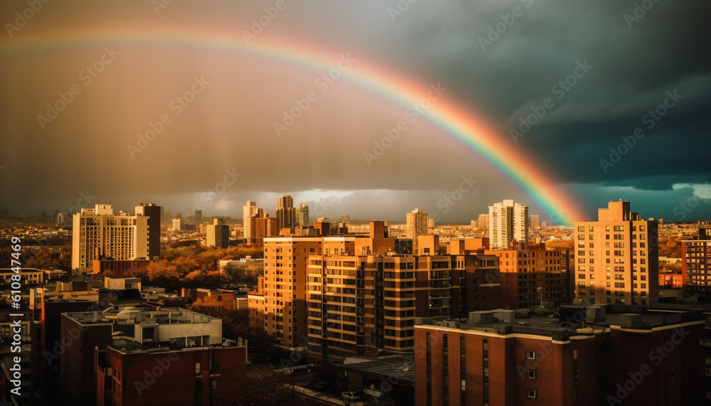 Vibrant city skyline illuminated by rainbow sun generated by AI