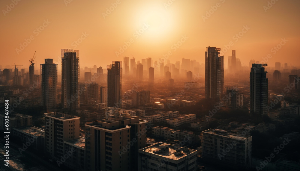 Fototapeta premium Modern skyline illuminated by sun golden sun generated by AI